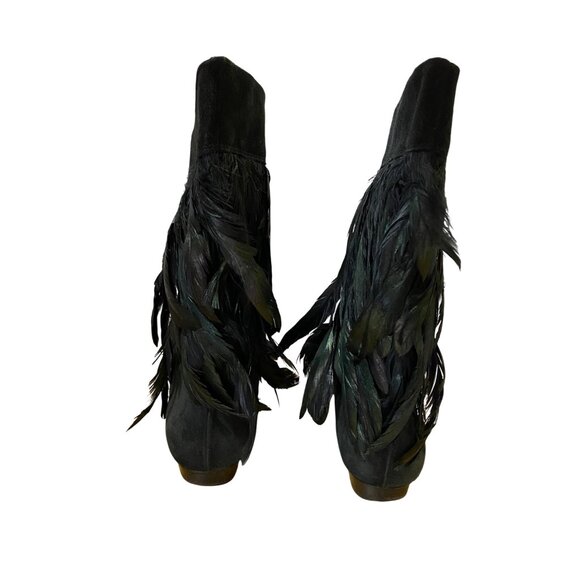 Black Suede Feather Delman Ankle Boots Size 9.5 Western Indian Punk Rock Retro - Picture 8 of 12